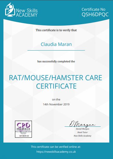 Claudia Maran Rat, Mouse and Hamster Care certificate