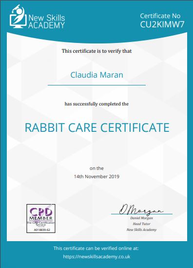 Claudia Maran Rabbit Care certificate