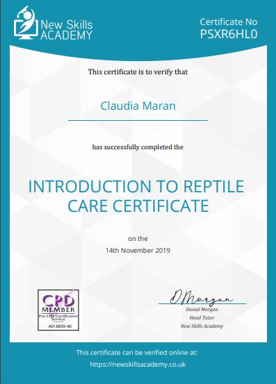 Claudia Maran Introduction to Reptile Care certificate