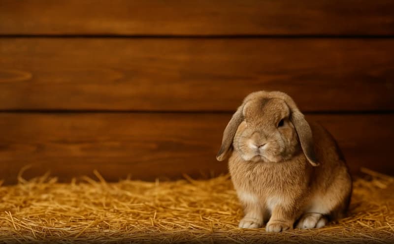 Lop eared rabbit sitting on straw