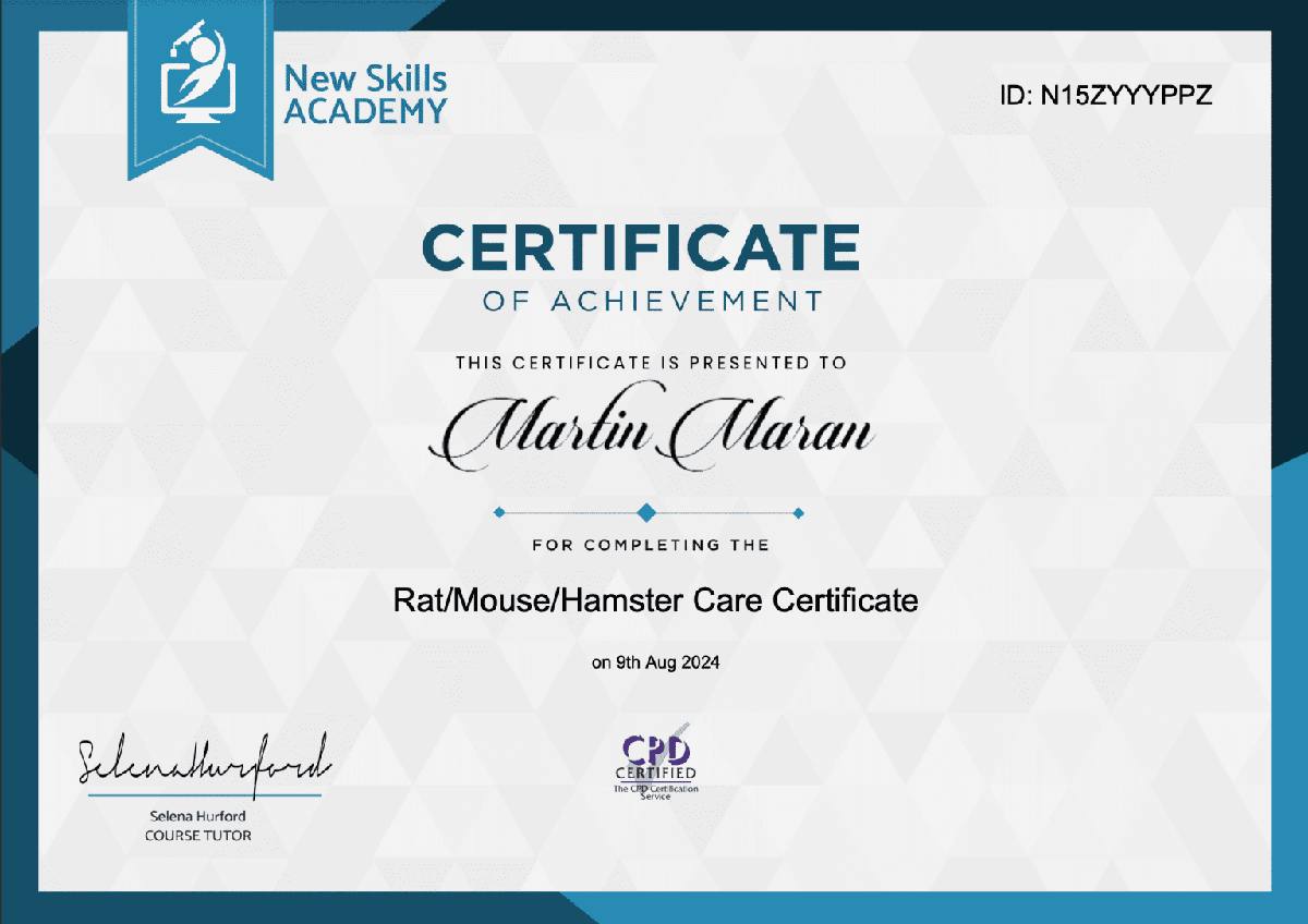 Martin Maran Rat, Mouse and Hamster Care certificate